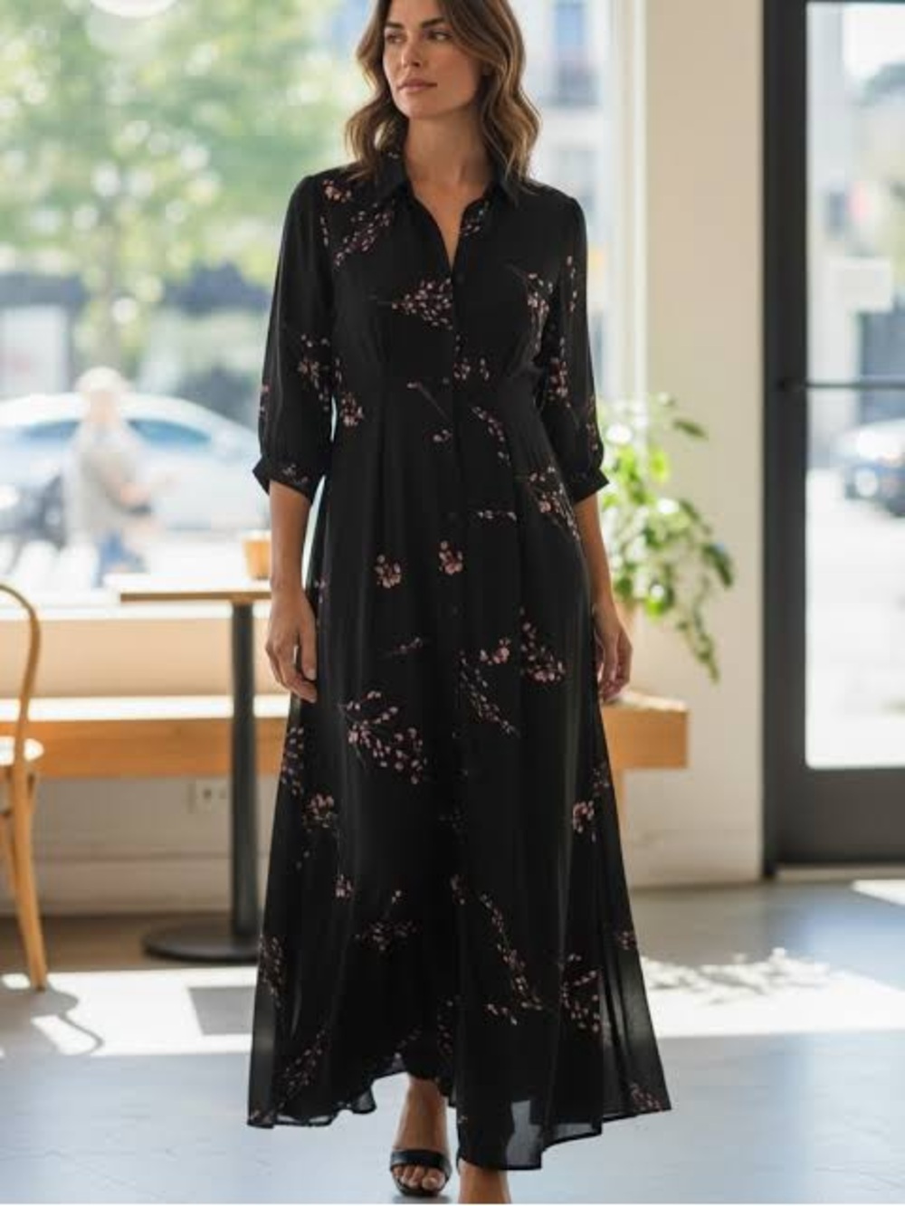 Zara Premium Denim Collection Cherry Blossom Floral Maxi Shirt Dress